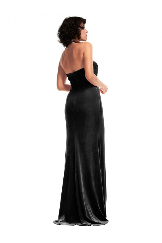 Cheapest Empire Waist Stretch Velvet Prom Dress with Halter Strap UK