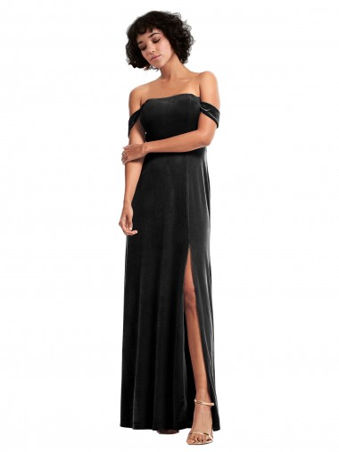 Cheapest Off the Shoulder Drapped Sleeves Stretch Velvet Prom Dress UK