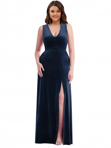 Cheapest Deep V-Neck Sleeveless Velvet Maxi Prom Dress with Pockets UK