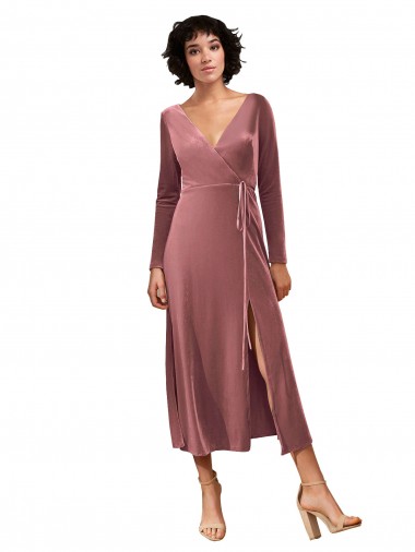 Cheapest Long Sleeve Velvet Faux Wrap Midi Length Prom Dress UK