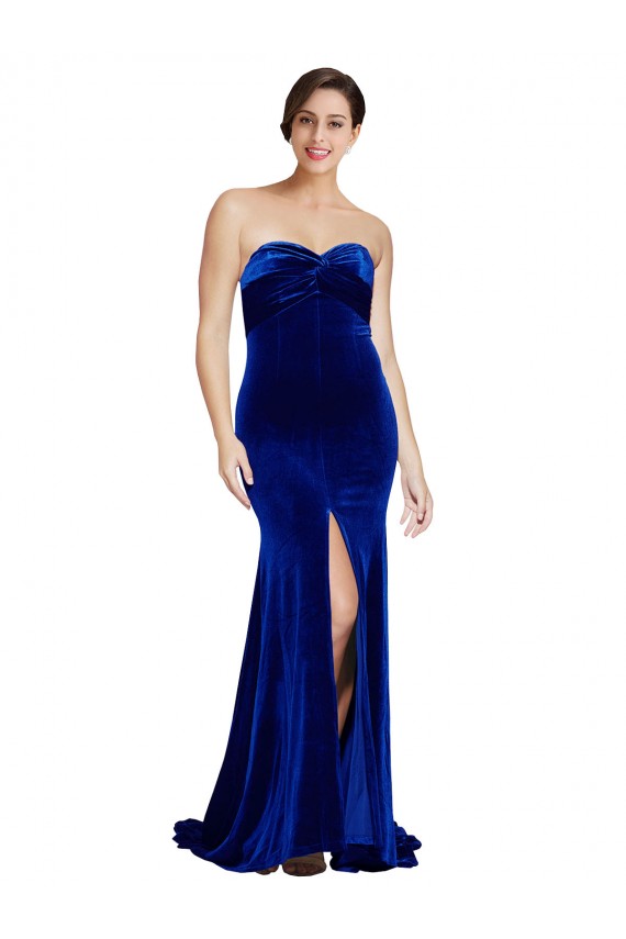 Cheapest Strapless Ruched Velvet Prom Dress with Sweep Train and Front Slit UK