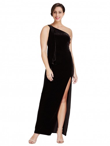 Cheapest One Shoulder Long Velvet Prom Dress with Side Split and Shoulder Tie UK