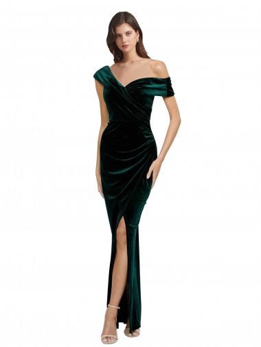 Cheapest Long Asymmetric Neckline Ruched Velvet Prom Dress UK